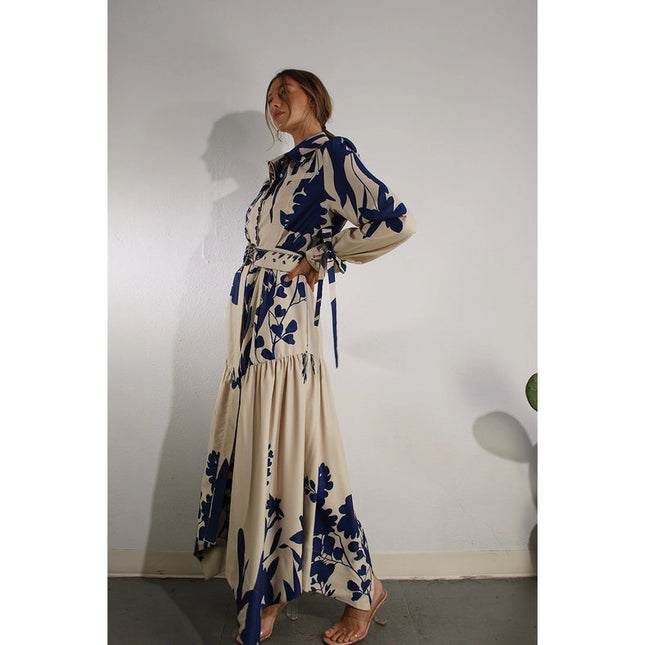 Print Uneven Belted Long Dress BLUE MULTI