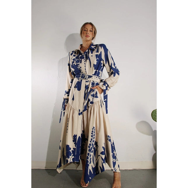 Print Uneven Belted Long Dress BLUE MULTI