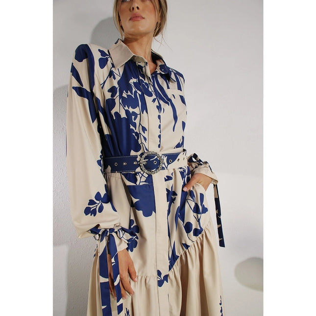 Print Uneven Belted Long Dress BLUE MULTI