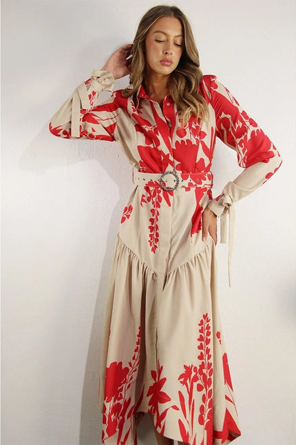 Print Uneven Belted Long Dress RED MULTI