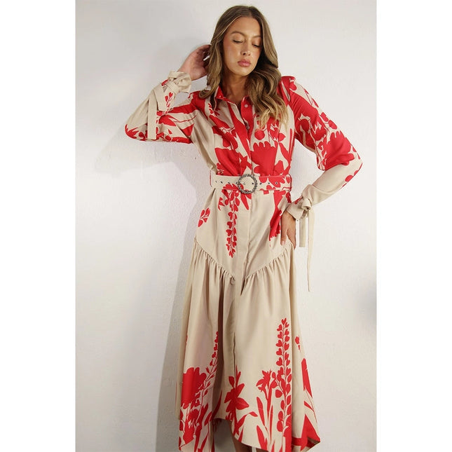 Print Uneven Belted Long Dress RED MULTI