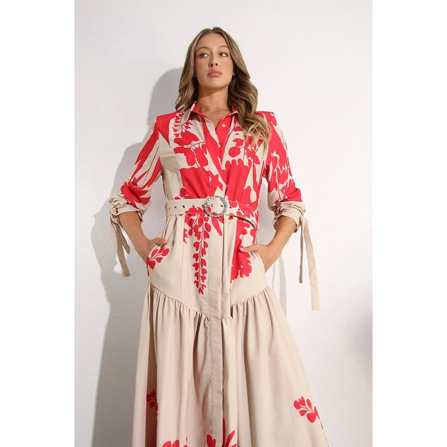 Print Uneven Belted Long Dress RED MULTI