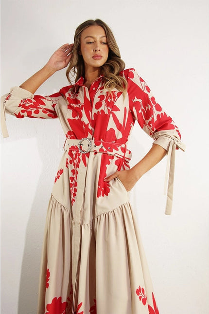 Print Uneven Belted Long Dress RED MULTI