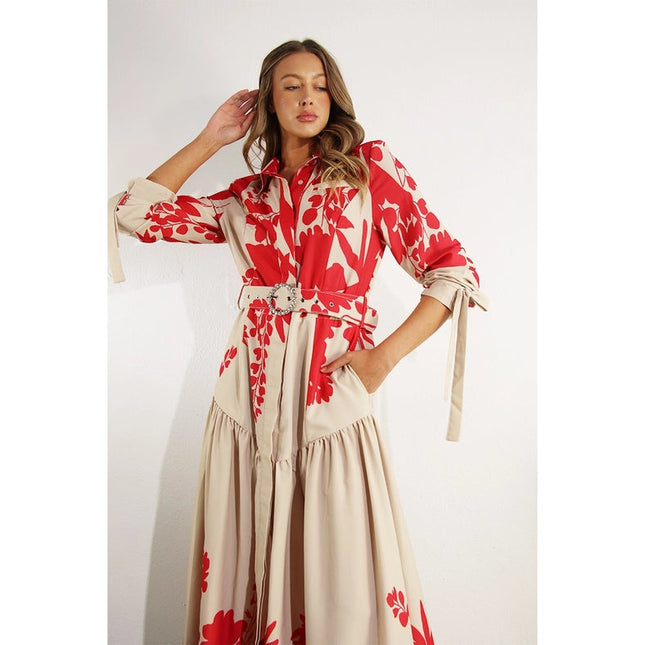 Print Uneven Belted Long Dress RED MULTI