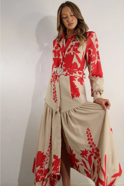 Print Uneven Belted Long Dress RED MULTI