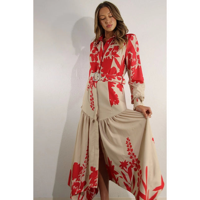 Print Uneven Belted Long Dress RED MULTI