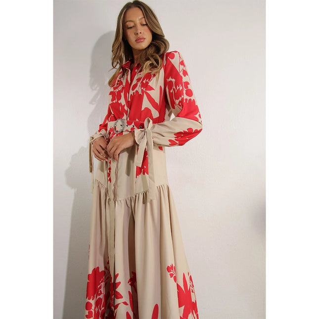 Print Uneven Belted Long Dress RED MULTI