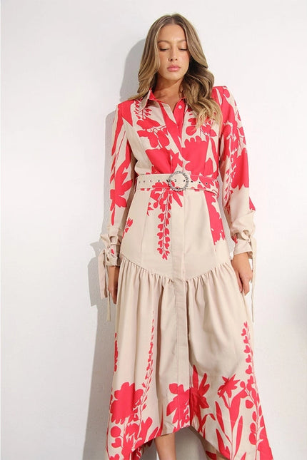 Print Uneven Belted Long Dress RED MULTI