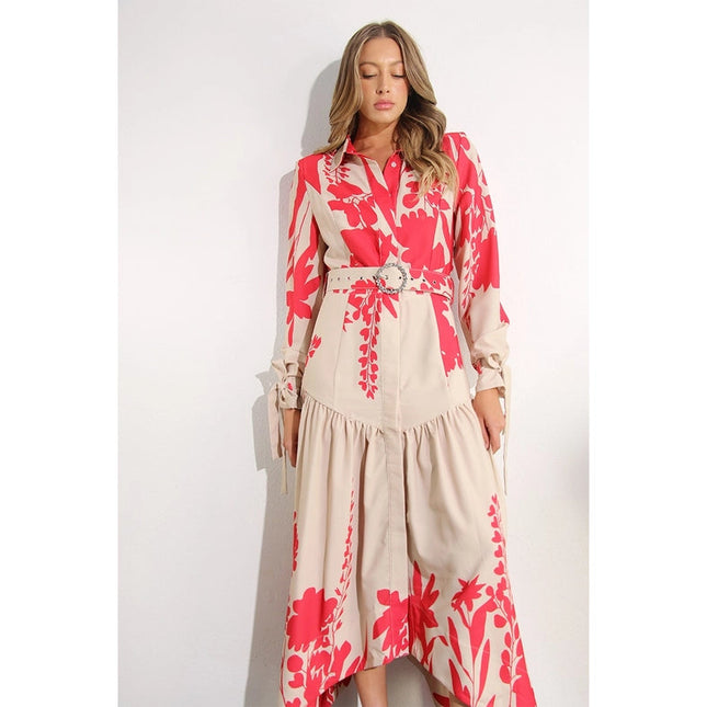 Print Uneven Belted Long Dress RED MULTI