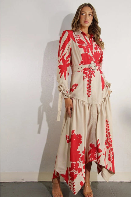 Print Uneven Belted Long Dress RED MULTI