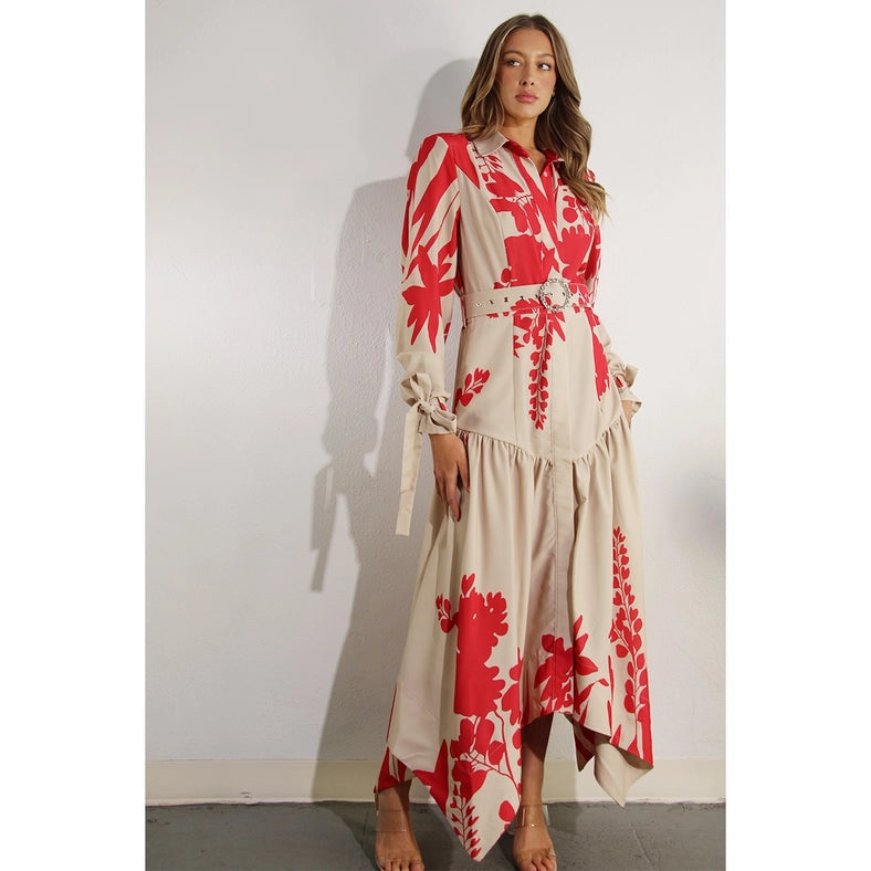 Print Uneven Belted Long Dress RED MULTI