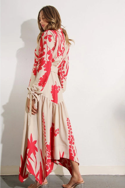 Print Uneven Belted Long Dress RED MULTI