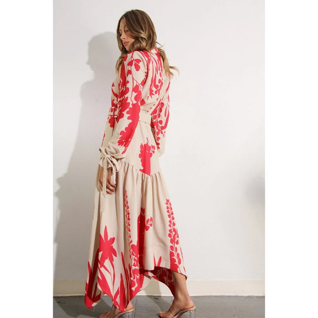 Print Uneven Belted Long Dress RED MULTI