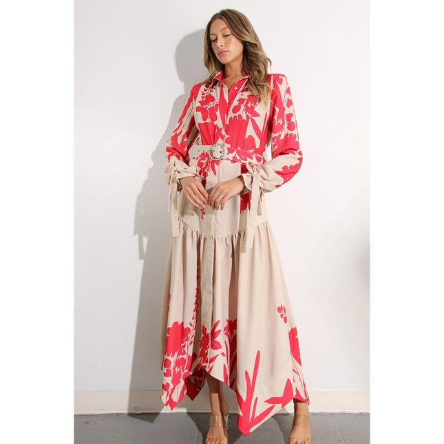 Print Uneven Belted Long Dress RED MULTI