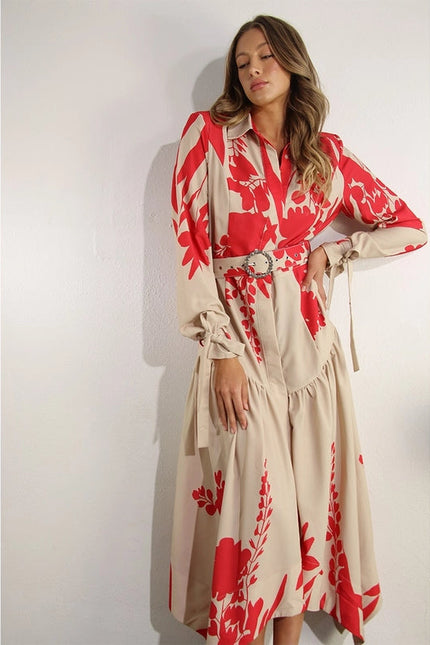 Print Uneven Belted Long Dress RED MULTI