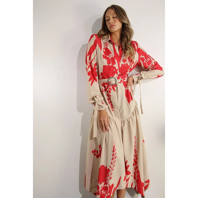 Print Uneven Belted Long Dress RED MULTI