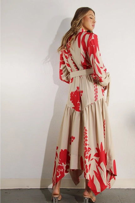 Print Uneven Belted Long Dress RED MULTI