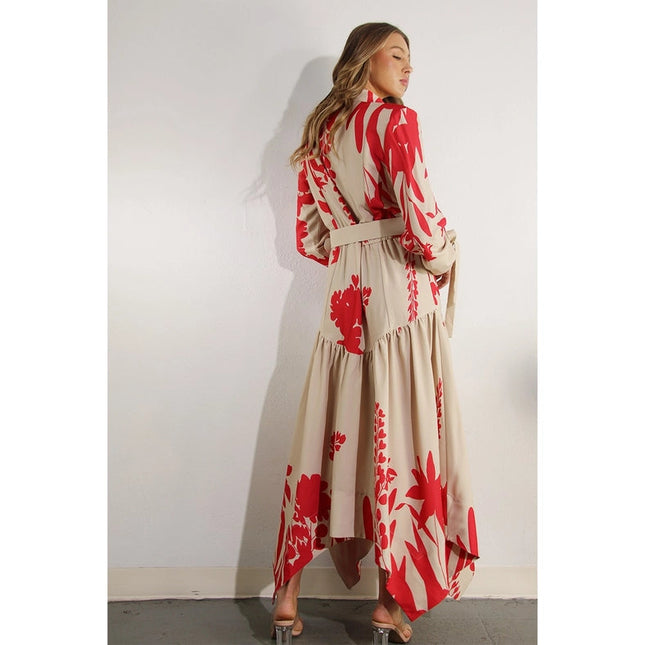 Print Uneven Belted Long Dress RED MULTI