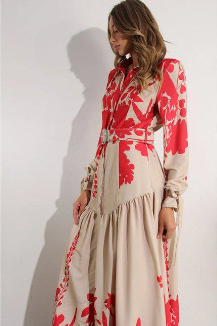 Print Uneven Belted Long Dress RED MULTI