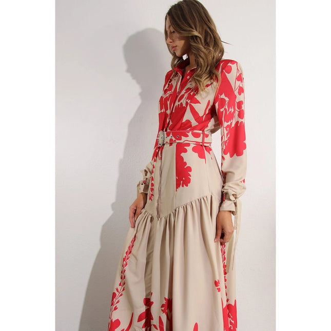 Print Uneven Belted Long Dress RED MULTI