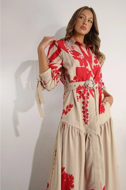 Print Uneven Belted Long Dress RED MULTI