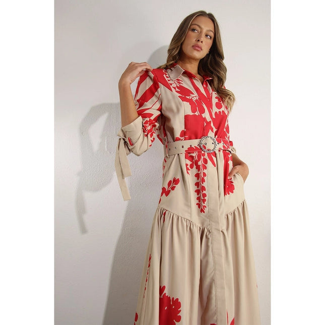 Print Uneven Belted Long Dress RED MULTI