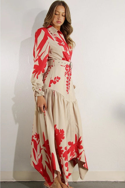 Print Uneven Belted Long Dress RED MULTI