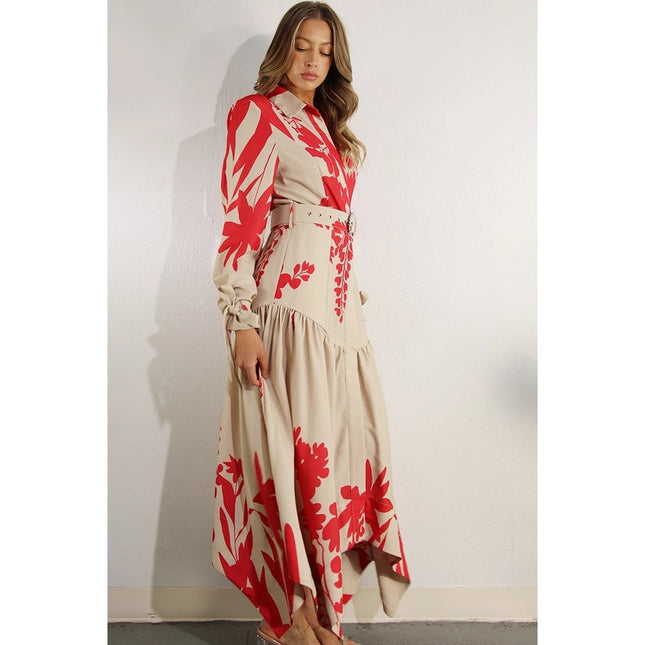 Print Uneven Belted Long Dress RED MULTI