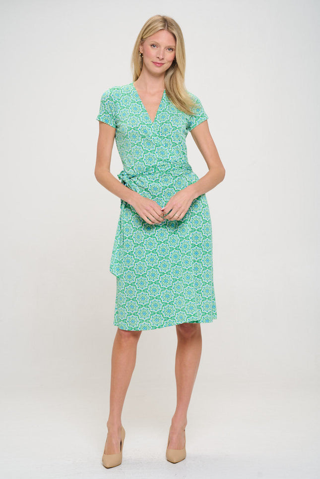 Print V neck Jersey Dress with Tie-1