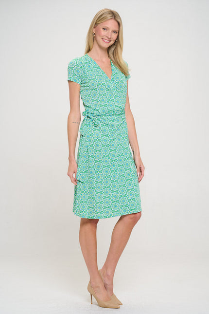 Print V neck Jersey Dress with Tie-3