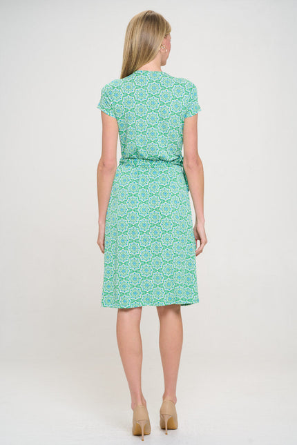 Print V neck Jersey Dress with Tie-4