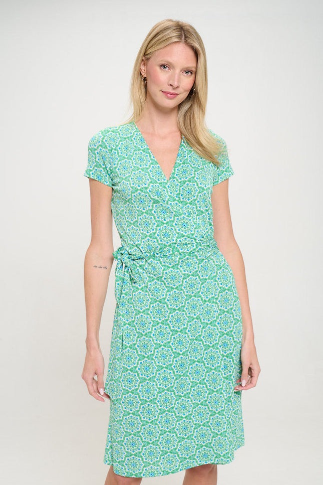 Print V neck Jersey Dress with Tie-0