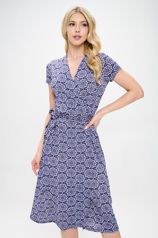 Print V neck Jersey Dress with Tie-0