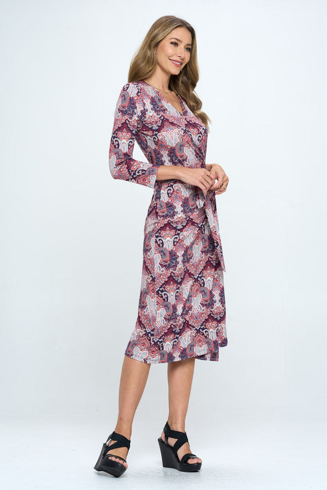 Print V neck Jersey Wrap Dress with Tie-1