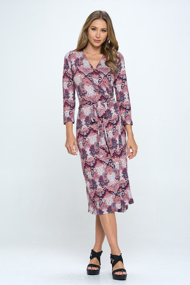 Print V neck Jersey Wrap Dress with Tie-2