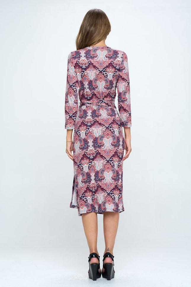 Print V neck Jersey Wrap Dress with Tie-3