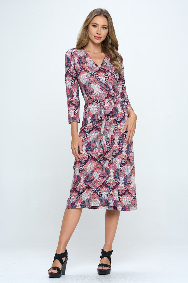 Print V neck Jersey Wrap Dress with Tie-0