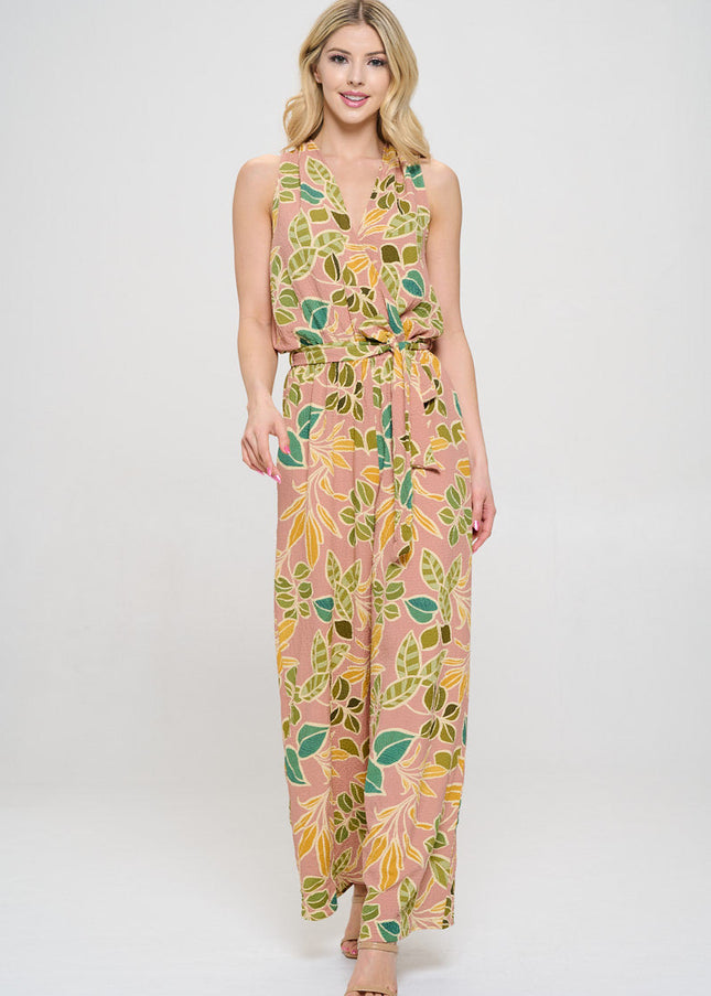 Print V neck Sleeveless Jumpsuit with Tie-1