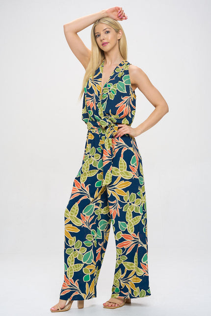 Print V neck Sleeveless Jumpsuit with Tie-1