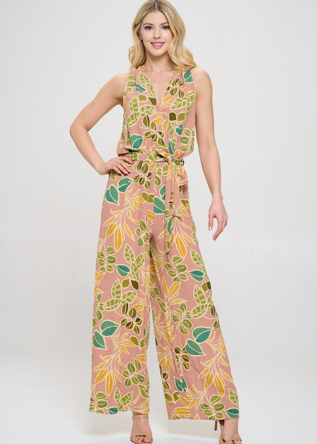 Print V neck Sleeveless Jumpsuit with Tie-2