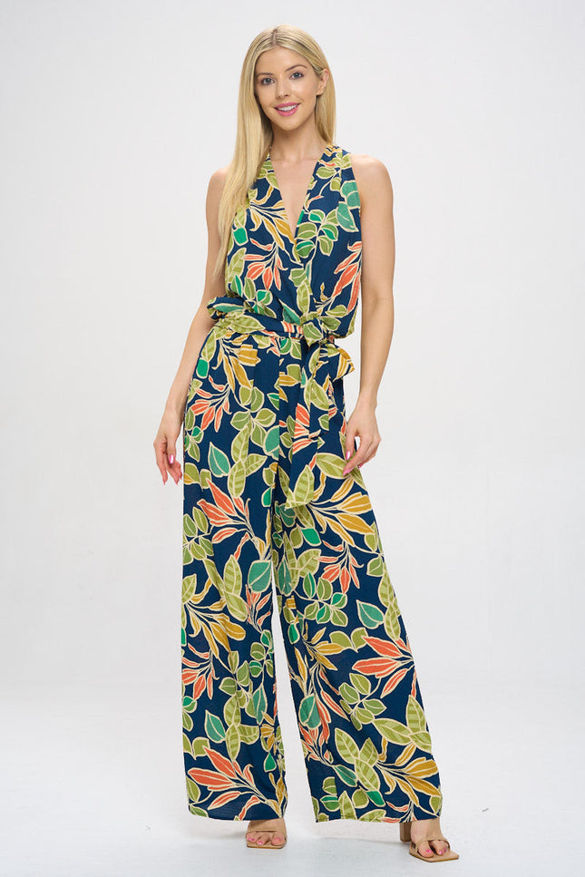 Print V neck Sleeveless Jumpsuit with Tie-2