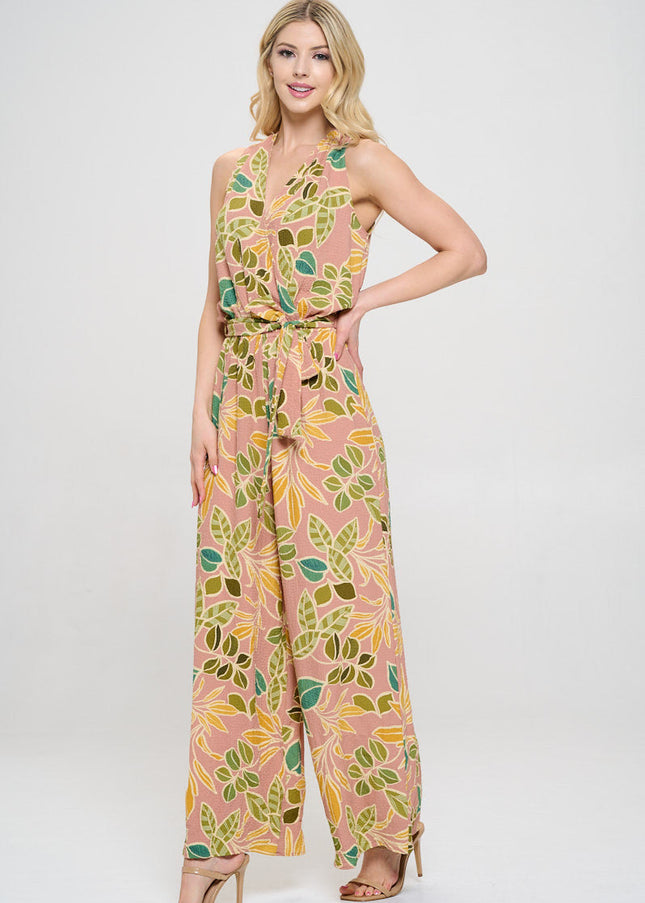 Print V neck Sleeveless Jumpsuit with Tie-3