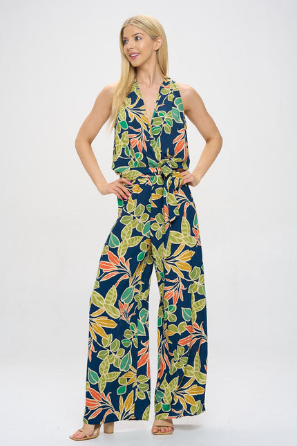 Print V neck Sleeveless Jumpsuit with Tie-3