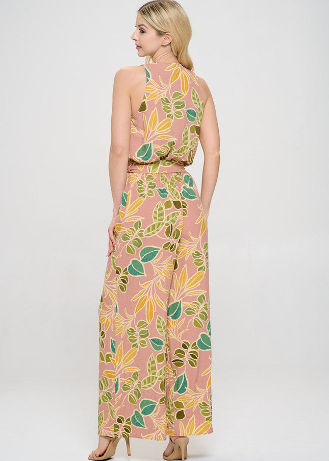 Print V neck Sleeveless Jumpsuit with Tie-4