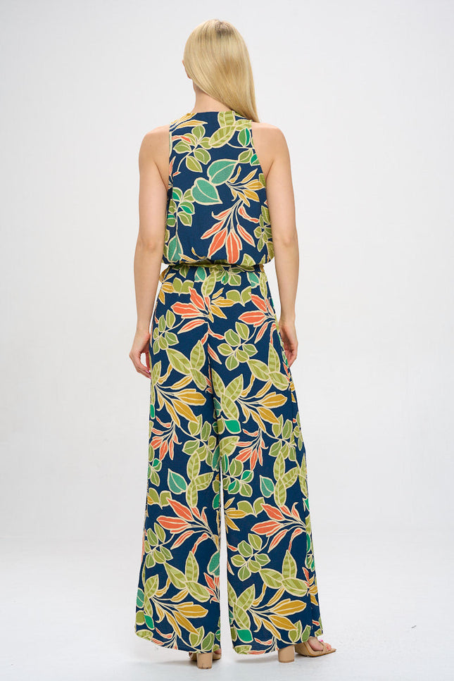 Print V neck Sleeveless Jumpsuit with Tie-4