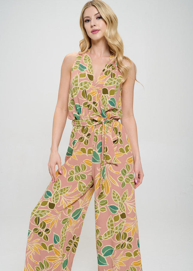 Print V neck Sleeveless Jumpsuit with Tie-0