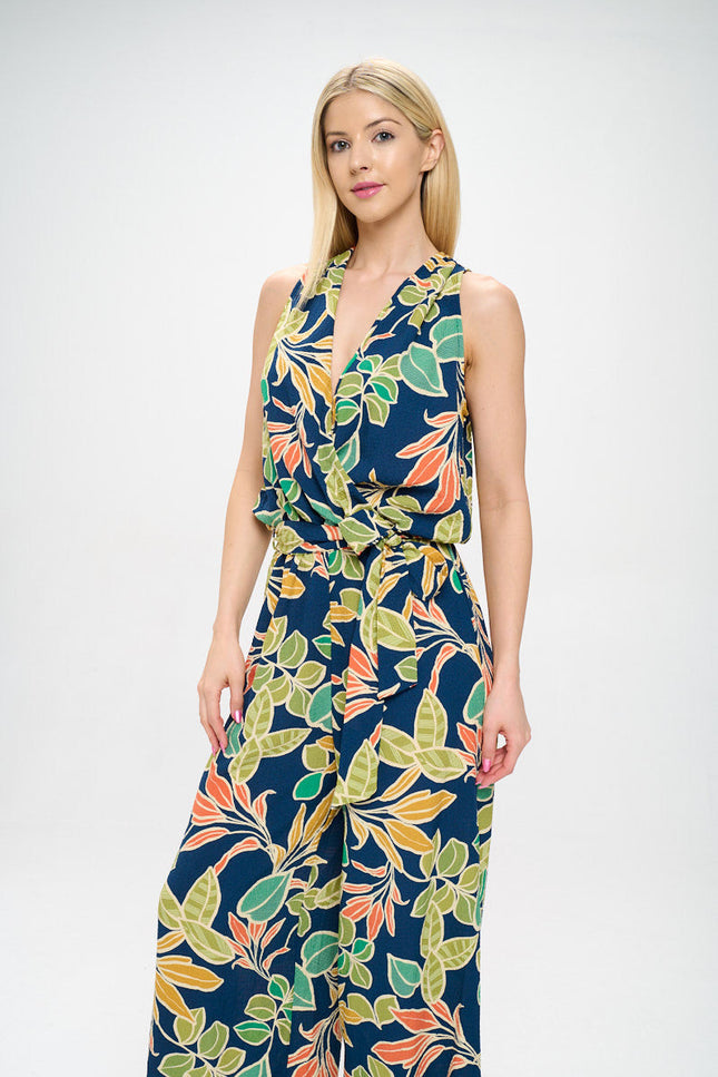 Print V neck Sleeveless Jumpsuit with Tie-0