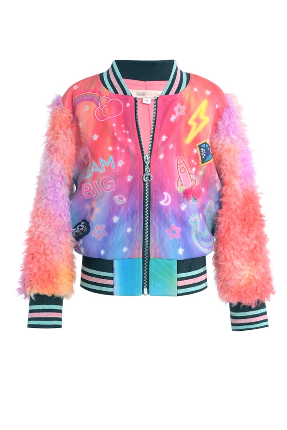 Printed Bomber Jacket W/Faux Fur Sleeves