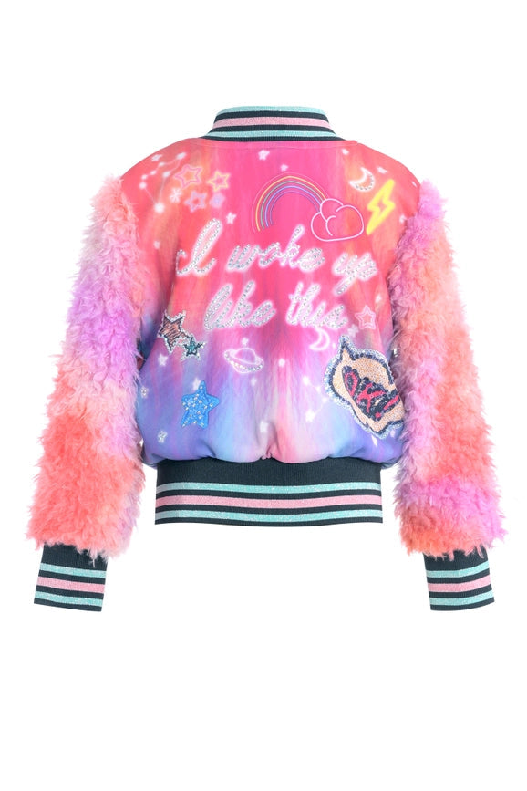 Printed Bomber Jacket W/Faux Fur Sleeves