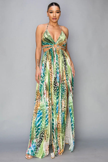 Printed Cut Out/Gold Chain Maxi Dress